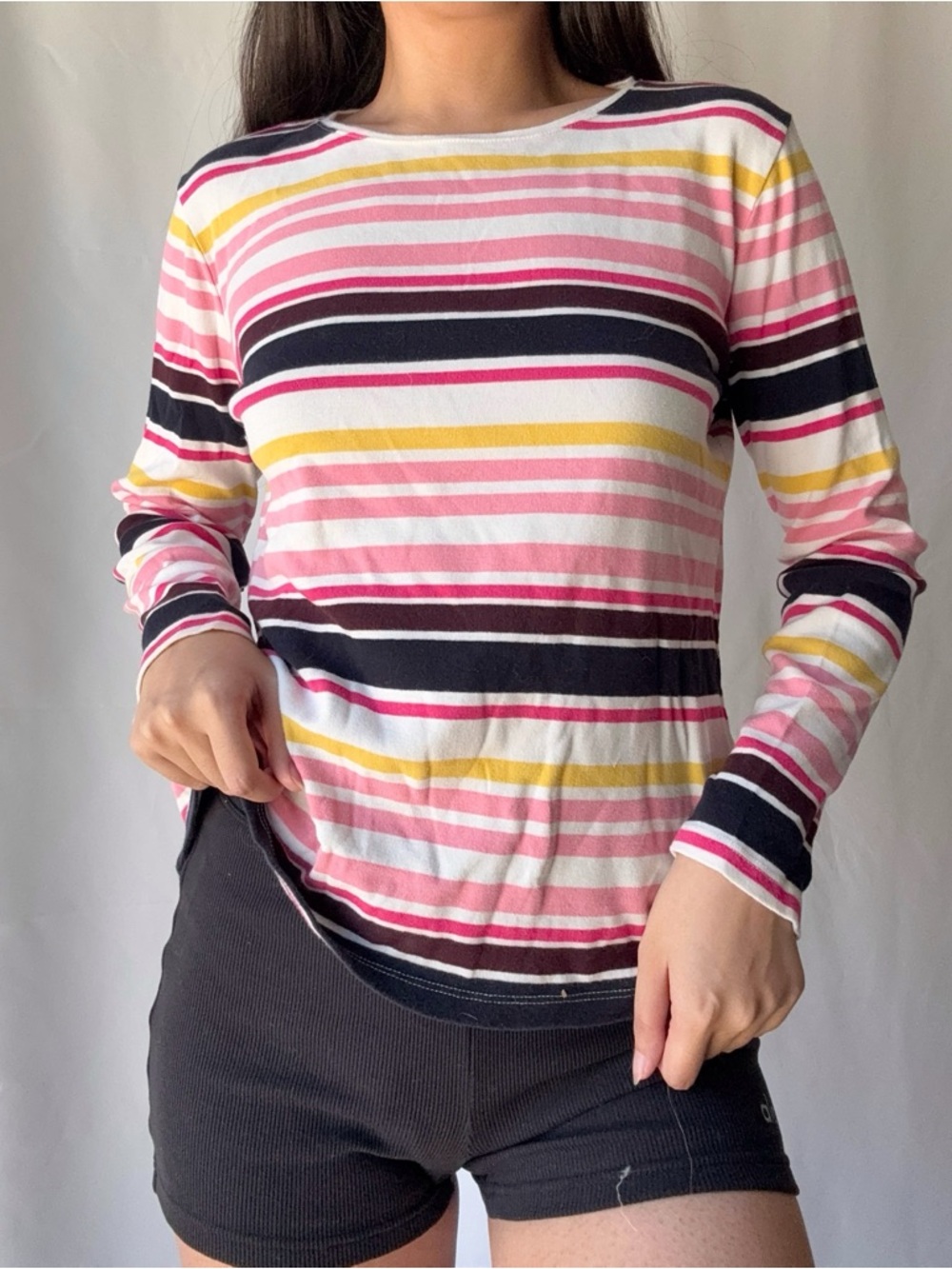 Talbots Striped Long Sleeve Knit Sweater in Pink, Black & Yellow